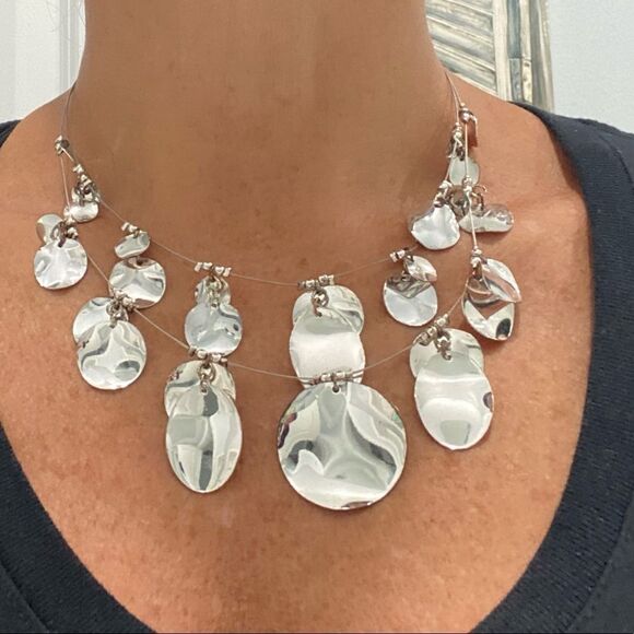 Silver Toned 2 Strand Circle Disc Necklace - Picture 4 of 12